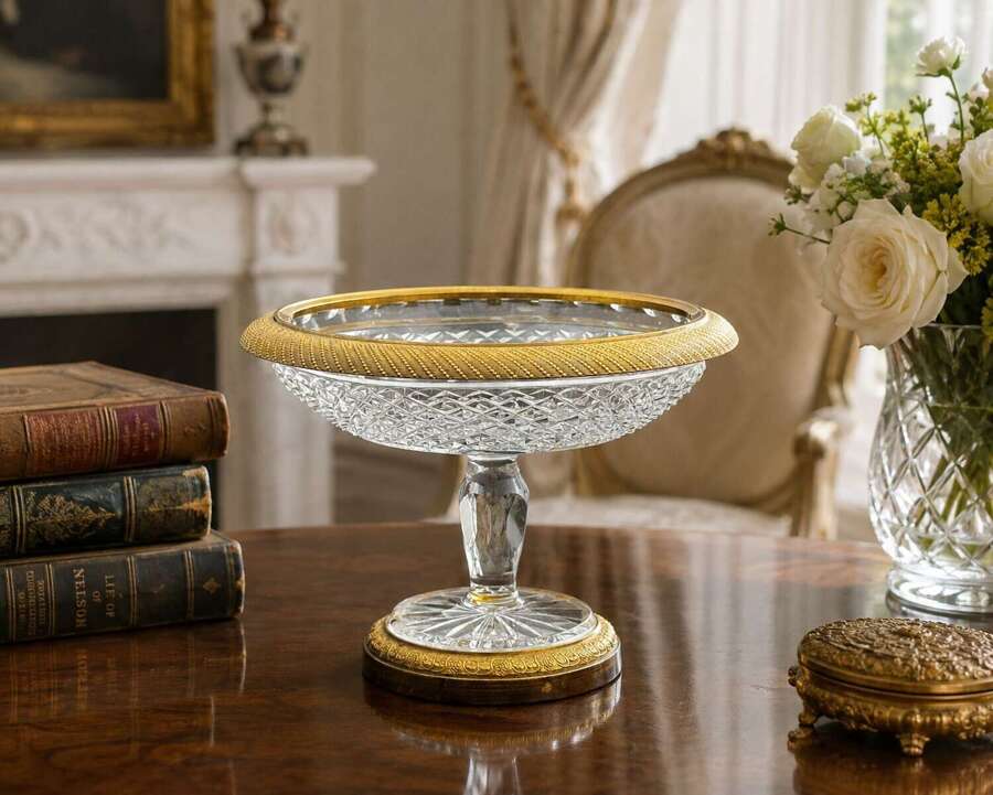 A Fine Antique French Cut Crystal Tazza&nbsp;Mounted with Dore Bronze Mounts.