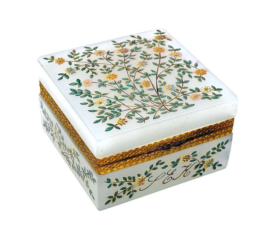 A Fine Antique White Opaline Glass&nbsp;Casket&nbsp;Beautifully Decorated with&nbsp;Flowers