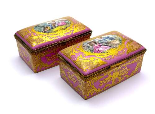 An Exceptional Matching Pair of Antique Signed French Porcelain Caskets