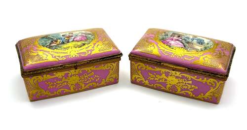 An Exceptional Matching Pair of Antique Signed French Porcelain Caskets