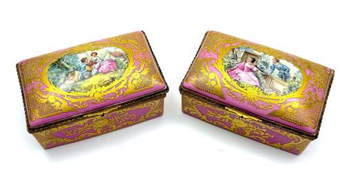 An Exceptional Matching Pair of Antique Signed French Porcelain Caskets