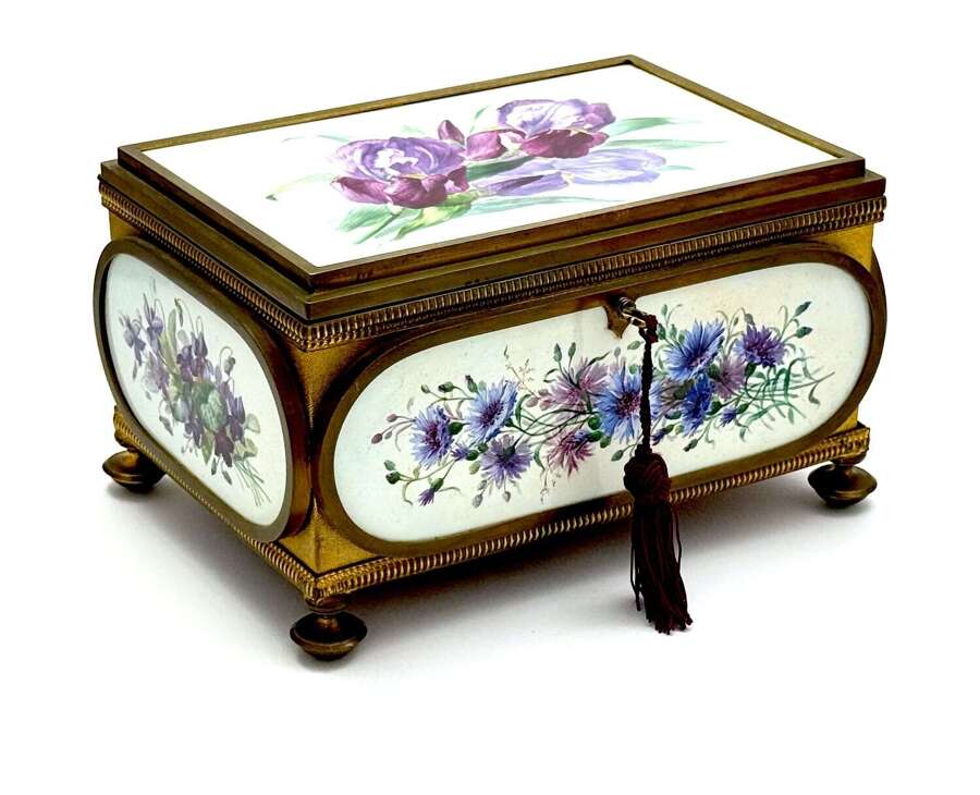 A Large Antique French Porcelain Jewellery Casket With Hand-Painted Floral Panels