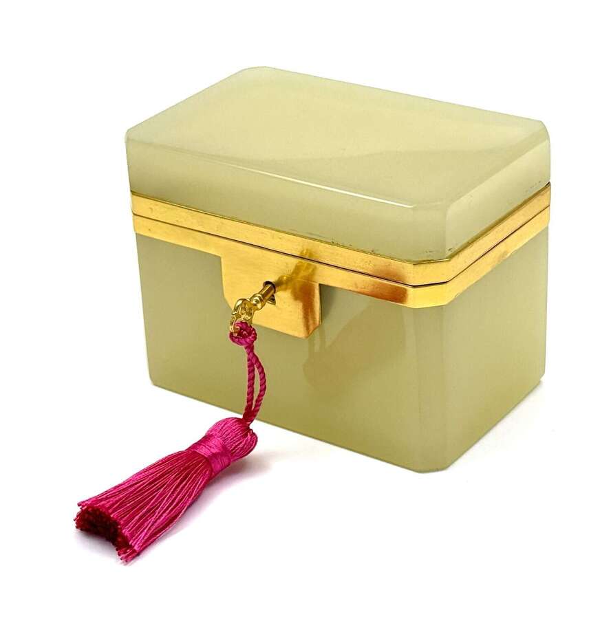 Antique Pale Yellow Opaline Glass Casket Including&nbsp;Original Key.