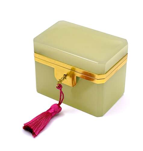 Antique Pale Yellow Opaline Glass Casket Including Original Key.