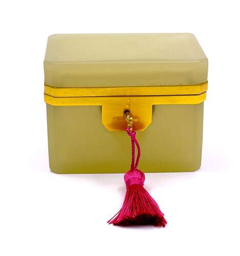 Antique Pale Yellow Opaline Glass Casket Including Original Key.