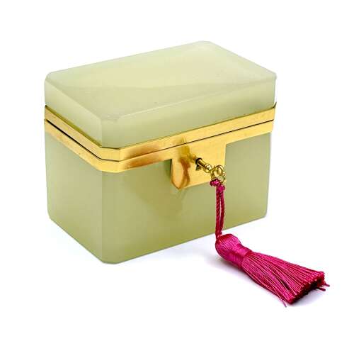 Antique Pale Yellow Opaline Glass Casket Including Original Key.
