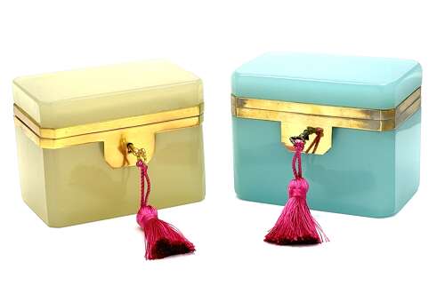 Antique Pale Yellow Opaline Glass Casket Including Original Key.