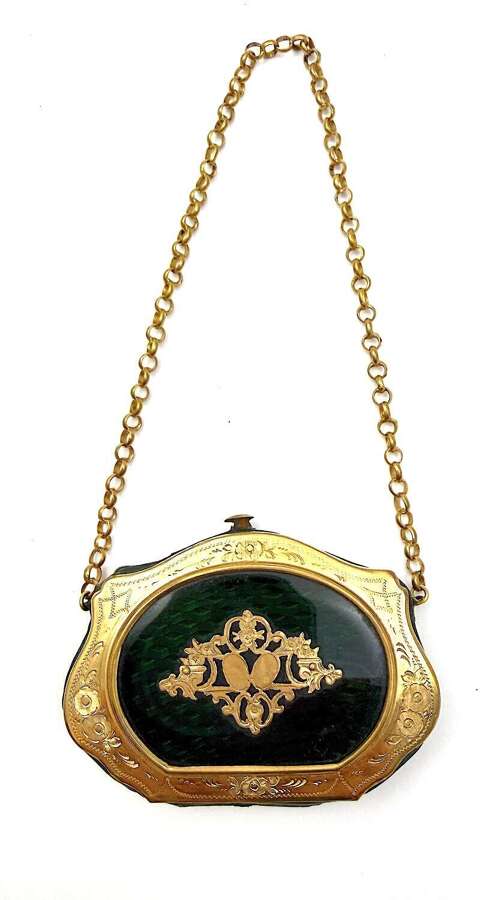 Antique Green Guilloch&eacute; Enamel Purse with Dore Engraved Frame and Chain Handle