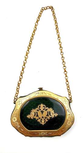 Antique Green Guilloché Enamel Purse with Dore Engraved Frame and Chain Handle