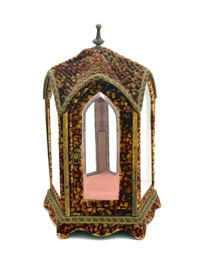 Antique Velvet Vitrine Display Case with Glass Panels and Silk Interior