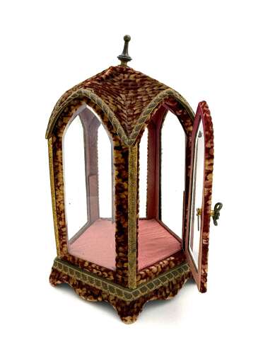 Antique Velvet Vitrine Display Case with Glass Panels and Silk Interior