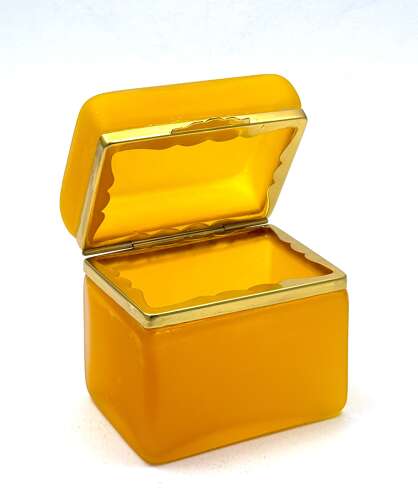Antique Murano Tangerine Glass Casket with Smooth Dore Bronze Mounts.
