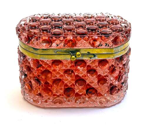 A  French Cranberry Moulded Glass Casket of Rounded Rectangular Form with Cabochon Design