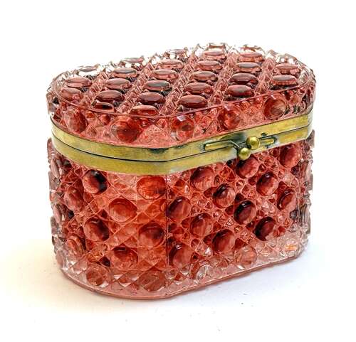 A French Cranberry Moulded Glass Casket of Rounded Rectangular Form with Cabochon Design