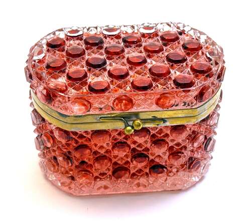 A French Cranberry Moulded Glass Casket of Rounded Rectangular Form with Cabochon Design