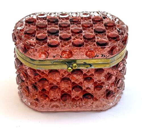 A French Cranberry Moulded Glass Casket of Rounded Rectangular Form with Cabochon Design