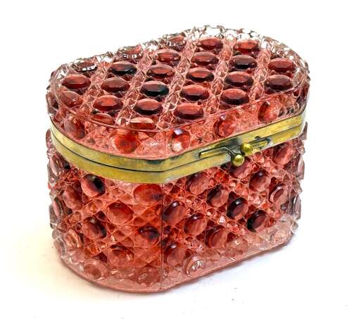 A French Cranberry Moulded Glass Casket of Rounded Rectangular Form with Cabochon Design