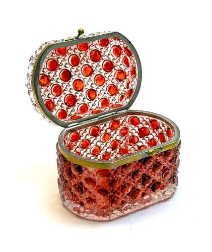 A French Cranberry Moulded Glass Casket of Rounded Rectangular Form with Cabochon Design