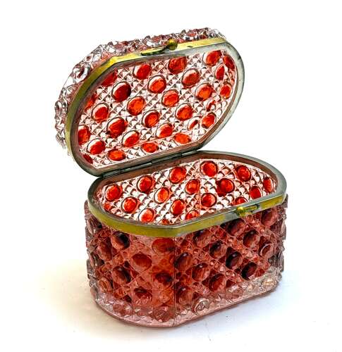 A French Cranberry Moulded Glass Casket of Rounded Rectangular Form with Cabochon Design