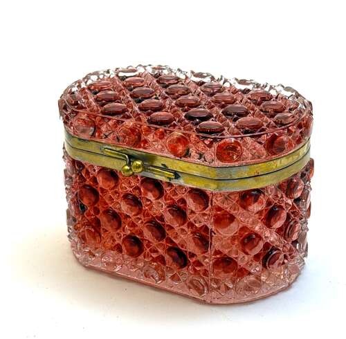 A French Cranberry Moulded Glass Casket of Rounded Rectangular Form with Cabochon Design