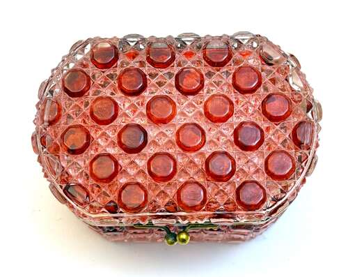 A French Cranberry Moulded Glass Casket of Rounded Rectangular Form with Cabochon Design