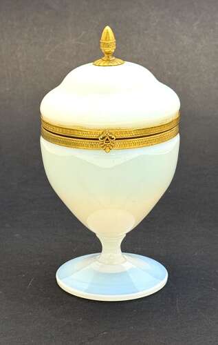 Antique French White Opaline Bulle de Savon Glass Hinged Box with a Pedestal Base