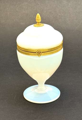 Antique French White Opaline Bulle de Savon Glass Hinged Box with a Pedestal Base