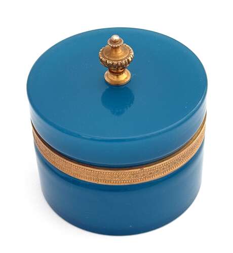 An Antique Murano Blue Opaline Glass Cylindrical Box and Lid.