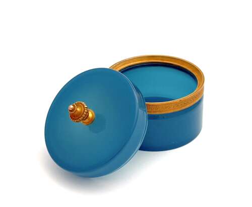 An Antique Murano Blue Opaline Glass Cylindrical Box and Lid.