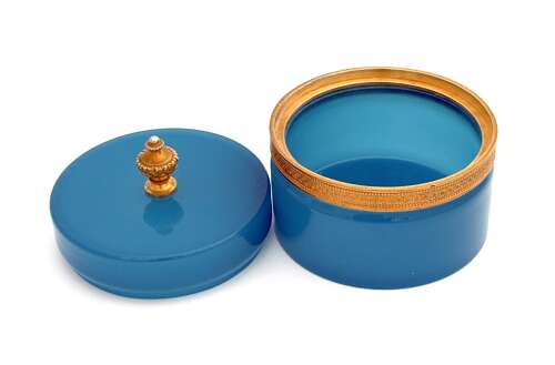 An Antique Murano Blue Opaline Glass Cylindrical Box and Lid.