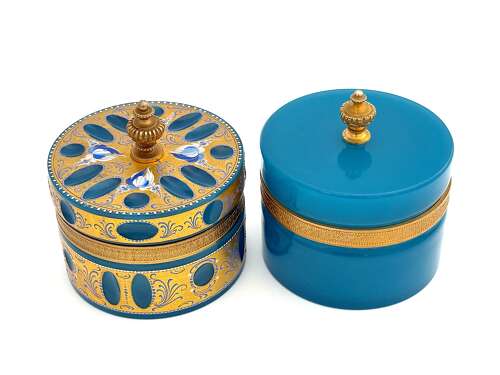 An Antique Murano Blue Opaline Glass Cylindrical Box and Lid.
