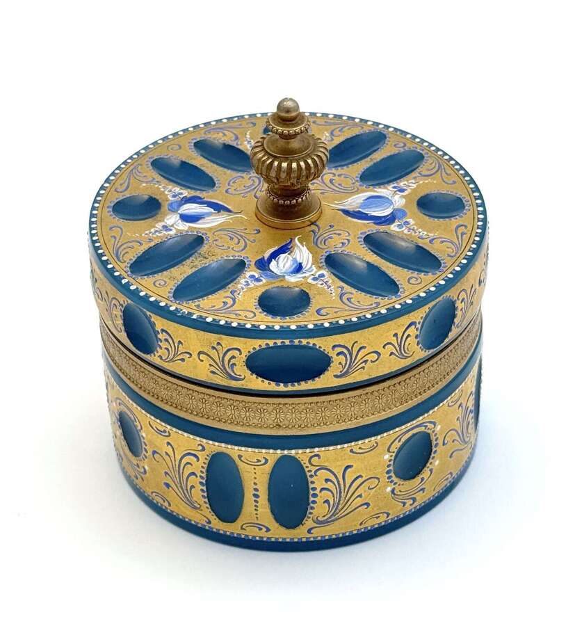 An Antique&nbsp;Murano Blue Opaline Glass Cylindrical Casket  Decorated with Enamelled Flowers