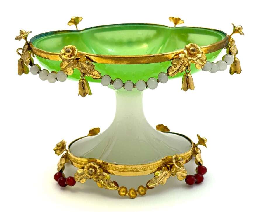 Antique French Palais Royal Green Opaline Glass Tazza&nbsp;with Very Fine Dore Bronze Mounts.