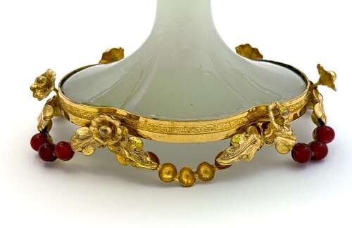 Antique French Palais Royal Green Opaline Glass Tazza with Very Fine Dore Bronze Mounts.