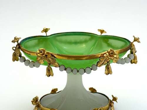 Antique French Palais Royal Green Opaline Glass Tazza with Very Fine Dore Bronze Mounts.