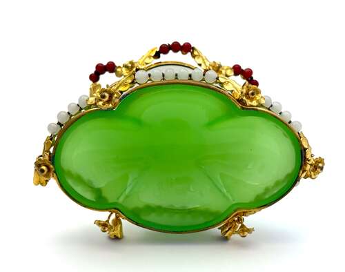 Antique French Palais Royal Green Opaline Glass Tazza with Very Fine Dore Bronze Mounts.