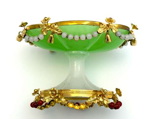 Antique French Palais Royal Green Opaline Glass Tazza with Very Fine Dore Bronze Mounts.