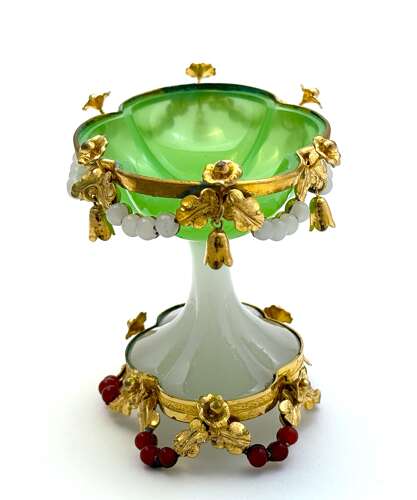 Antique French Palais Royal Green Opaline Glass Tazza with Very Fine Dore Bronze Mounts.