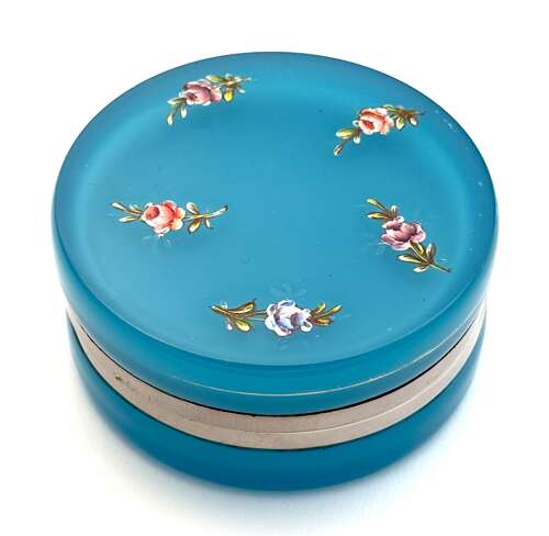 Antique Murano Turquoise Blue Opaline Glass Box with Hand-Painted Floral Decoration