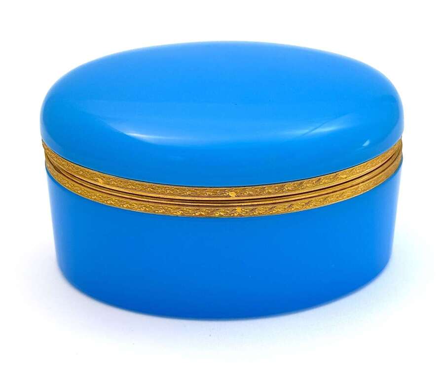 Antique French Cobalt Blue Glass Casket with Wreath & Bow Clasp