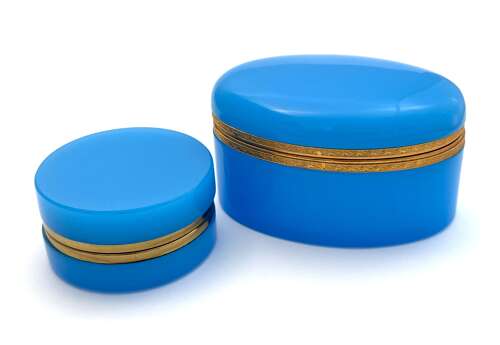 Antique French Cobalt Blue Glass Casket with Wreath & Bow Clasp