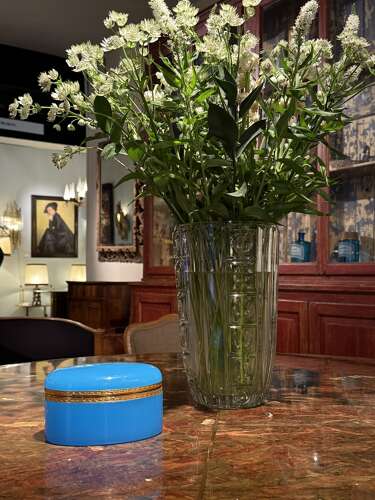 Antique French Cobalt Blue Glass Casket with Wreath & Bow Clasp