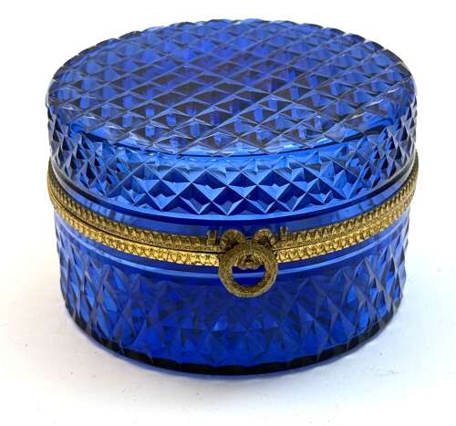 Antique French Cobalt Blue Glass Diamond Pattern Casket with Wreath and Bow Clasp