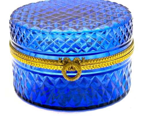 Antique French Cobalt Blue Glass Diamond Pattern Casket with Wreath and Bow Clasp