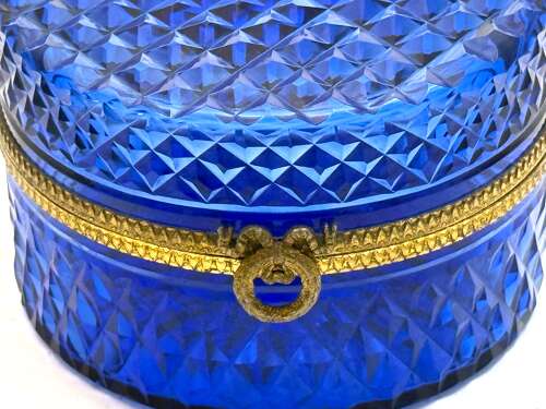 Antique French Cobalt Blue Glass Diamond Pattern Casket with Wreath and Bow Clasp