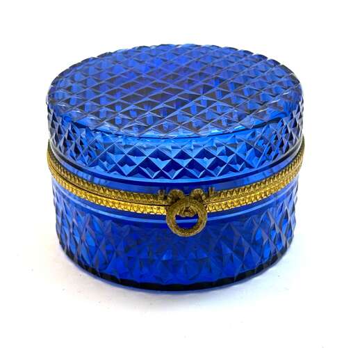 Antique French Cobalt Blue Glass Diamond Pattern Casket with Wreath and Bow Clasp