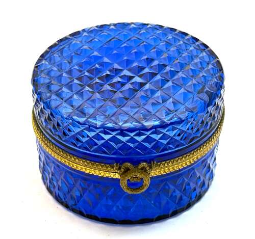Antique French Cobalt Blue Glass Diamond Pattern Casket with Wreath and Bow Clasp
