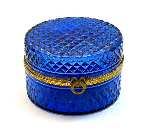 Antique French Cobalt Blue Glass Diamond Pattern Casket with Wreath and Bow Clasp