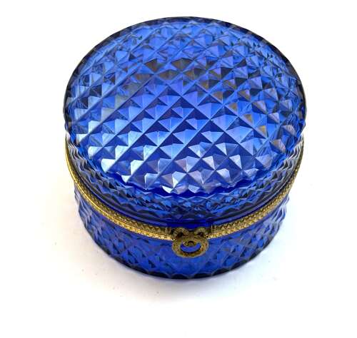 Antique French Cobalt Blue Glass Diamond Pattern Casket with Wreath and Bow Clasp
