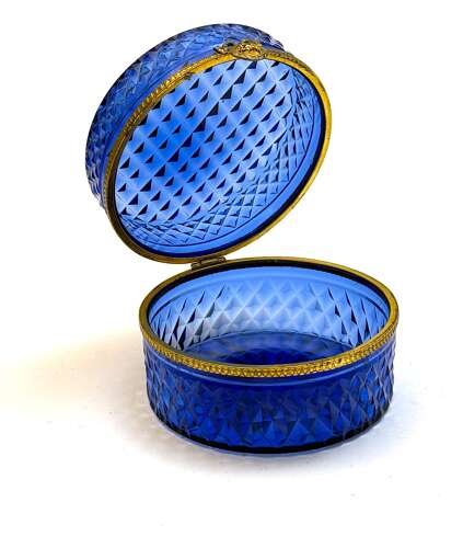 Antique French Cobalt Blue Glass Diamond Pattern Casket with Wreath and Bow Clasp